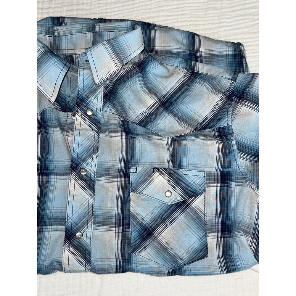 Wrangler Western Shirt Mens‎ XL/XG Plaid Short Sleeve Snap Button Blue Cowboy